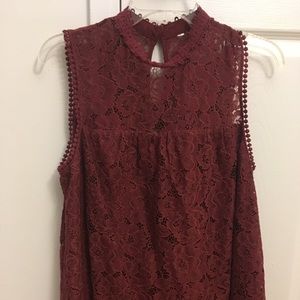 Maroon Lace High Neck Tank with Eyelet Stitching